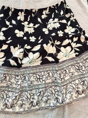 dressbarn Black, Cream and Green Floral A-Line Skirt with Border Print